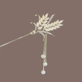 Golden wheat-shaped hair pin with elegant tassels and white pearl accents for women - F0593 Wheat Ear