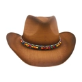 Brauner Cowboyhut aus gewebtem Stroh mit Western-Farbverlauf und bunten Perlenbändern - Einheitsgröße(56-58cm) / Khaki Kaffee (Große Perlen)