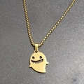 Detailed top view of gold ghost pendant with smiley face on box chain necklace - Necklace Set (With Pearl Chain) / Gold