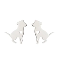Macro detail of silver puppy stud earrings with hollow heart design on white background - Steel