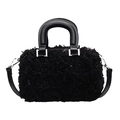 Fuzzy black faux fur handbag with leather handles and detachable shoulder strap - Black