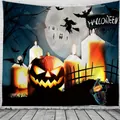 Détail de tapisserie d'Halloween avec citrouille lumineuse et sorcières sur tenture murale - 90x60cm / Blue Pumpkin Candle