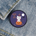 Purple Halloween cat on pumpkin brooch badge on denim with Trick or Treat text - Wizard Hat White Cat and Jack-o-lantern Style (XZ6941)