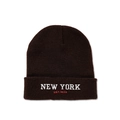 Detailed close-up of the New York EST. 1625 embroidery on a dark brown knit beanie hat - M (56-58cm) / Coffee