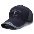Dark blue mesh baseball cap with white athletic embroidery and grey contrast brim trim - Adjustable / Navy Blue