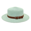 Detalle de sombrero de paja cian claro con cinturón de cuero sintético marrón y hebilla de metal - M / Verde menta