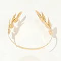 Detailed view of golden laurel wreath headband with weight and size specifications - Metal Headband-12 Large Leaves