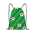 Close-up of green drawstring bag featuring soccer ball pattern and durable black ropes - Green Diagonal Stripes Soccer Stars (jiayingskd72)