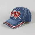 Detail of blue denim baseball cap with heart rhinestones and sparkly red silver trim - Style 8-Blue Denim Double Heart Rhinestone