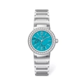 Reloj plateado para mujer con esfera de mármol turquesa y bisel de pedrería - Caja Plateada Esfera Azul