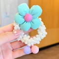 Cute mint green fabric flower hair tie with pearls and pastel beads for girls - Aqua Blue Pearl Flower