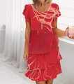 Red short sleeve dress with abstract prints and layered skirt design shown on model - S / Bottoms / Geometric Red