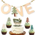 Wooden One Happy Camper cake topper set with pine tree banner for first birthday party - Letter Banner And Pine Tree Cake Toppers Set