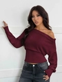 Pull en maille bordeaux à épaules dénudées avec taille ajustée et manches longues femme - Bordeaux