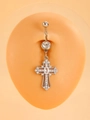 Silver curved barbell navel ring featuring a crystal-studded cross pendant and oval gemstone - Cross Dangle (WG3-0662)