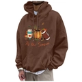 Men's dark brown fleece hoodie with Thanksgiving print and kangaroo pocket - S / Tops / Dark Brown