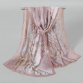 Pink chiffon scarf with brown branches and floral prints hanging on a metal rod - Khaki (Almond Blossom Style)