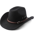 Chapeau de cowboy classique en feutre noir avec bandeau en cuir tressé marron et œillets - M (56-58cm) / Noir