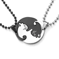 Matching black and white cat yin yang puzzle necklaces in titanium steel with bead chains - Oval Cat Yin Yang Style / Black + Silver