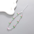 Laccetto per cellulare con tulipani rosa, perle di cristallo e ciondoli a foglia - Stile Tulipano Rosa K063 (K063)