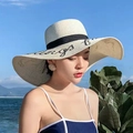 Beige wide brim straw sun hat with black ribbon and Greetings embroidery on beach - M (56-58cm) / Cream White With Sequin