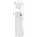 White two-piece set featuring a one-shoulder crop top and long skirt with gold metal flower - M / White