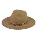 Flat top straw fedora hat in khaki with a thick decorative rose gold metal chain band - Khaki