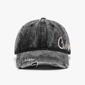 Gewaschene schwarze Denim-Baseballkappe mit weißer Stickerei und Distressed-Schirm - Verstellbar / Schwarz