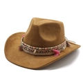 Close-up of brown suede cowboy hat with ethnic braided band, shells, and pink tassels - M (56-59cm) / Khaki (Suede)