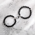 Detail of magnetic heart clasp connecting obsidian and lava stone couples bracelets - Shiny Black Lava Heart B&W