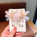 Pink gauze bow ear clips for girls with white pearls and tassels in traditional style - Pink Butterfly Pair Clip (469-9#)
