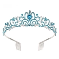Silver crown hairpiece with blue heart rhinestone and vine design for party costumes - Silver + Lake Blue Rhinestones