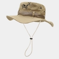 Detail of khaki outdoor sun hat featuring cute dog embroidery and adjustable windproof cord - One Size / Khaki