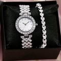 Luxury women's silver watch set with crystal heart bracelet in a premium gift box - 902 Silver Watch + Bracelet + Box