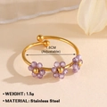 Adjustable golden stainless steel ring featuring a purple beaded flower design - 923G-4 / Purple Flower