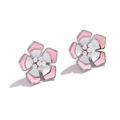 Elegant 18K gold-plated floral stud earrings with pink enamel petals and pearl center - Pearl Enamel Floral Stud Earrings - Steel Tone - Pink White