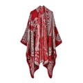 Close-up of red and beige cashmere-style knit shawl featuring ethnic paisley patterns - One Size / Paisley-Bright Red