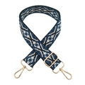 Macro detail of geometric jacquard bag strap with high-quality gold metal hardware - Blue and Beige Flower