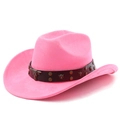 Detail of pink faux suede cowboy hat with brown leather band and metal bull head stud - M (56-58cm) / Magenta