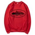 Red crewneck pullover sweatshirt with island graphic print in size M on white background - Red (Black Print)