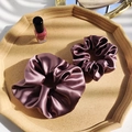 Set of two purple silk scrunchies with satin finish in a decorative tray - Deep Purple 3.5cm