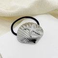 Detail of eco-friendly alloy hair tie with silver shell and starfish charms on black cord - Silver Shell Leaf