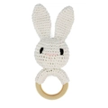 Handmade crochet baby rattle with white bunny head and natural wooden ring teether - White Rabbit