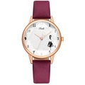 Women's quartz watch with burgundy leather strap and rose gold round metal case - Red