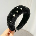 Close-up of black plush headband with white faux pearls and soft mink velvet texture - Black (With Pearls)