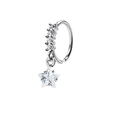 20G silver hoop nose ring featuring a dangling star pendant and white zircon stones - Zirconia Star Style