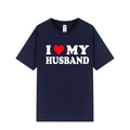 Short sleeve navy blue crewneck T-shirt featuring I Love My Husband print with heart - Navy Blue (I Love My Husband)