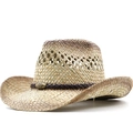 Cappello da cowboy in paglia con design traforato e fascia in pelle intrecciata - Regolabile / Beige Caffè