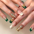 Deep emerald and white French press-on nails with gold heart and rhinestone bear - Emerald Green French Rhinestone Bear Style (BW171)