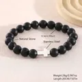 Bracciale di perle in pietra naturale nera opaca con croce in acciaio inox lucido - Croce da 10mm / Nero